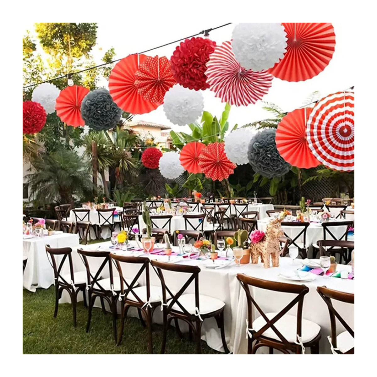 ACRDDK Dekorationsset aus Papier mit Blumen, Fächern und Kugeln in Schwarz, Weiß und Mehrfarbig für Hochzeit, Geburtstag und Partys - Bild 2