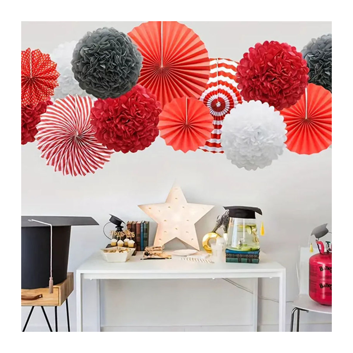 ACRDDK Dekorationsset aus Papier mit Blumen, Fächern und Kugeln in Schwarz, Weiß und Mehrfarbig für Hochzeit, Geburtstag und Partys - Bild 3