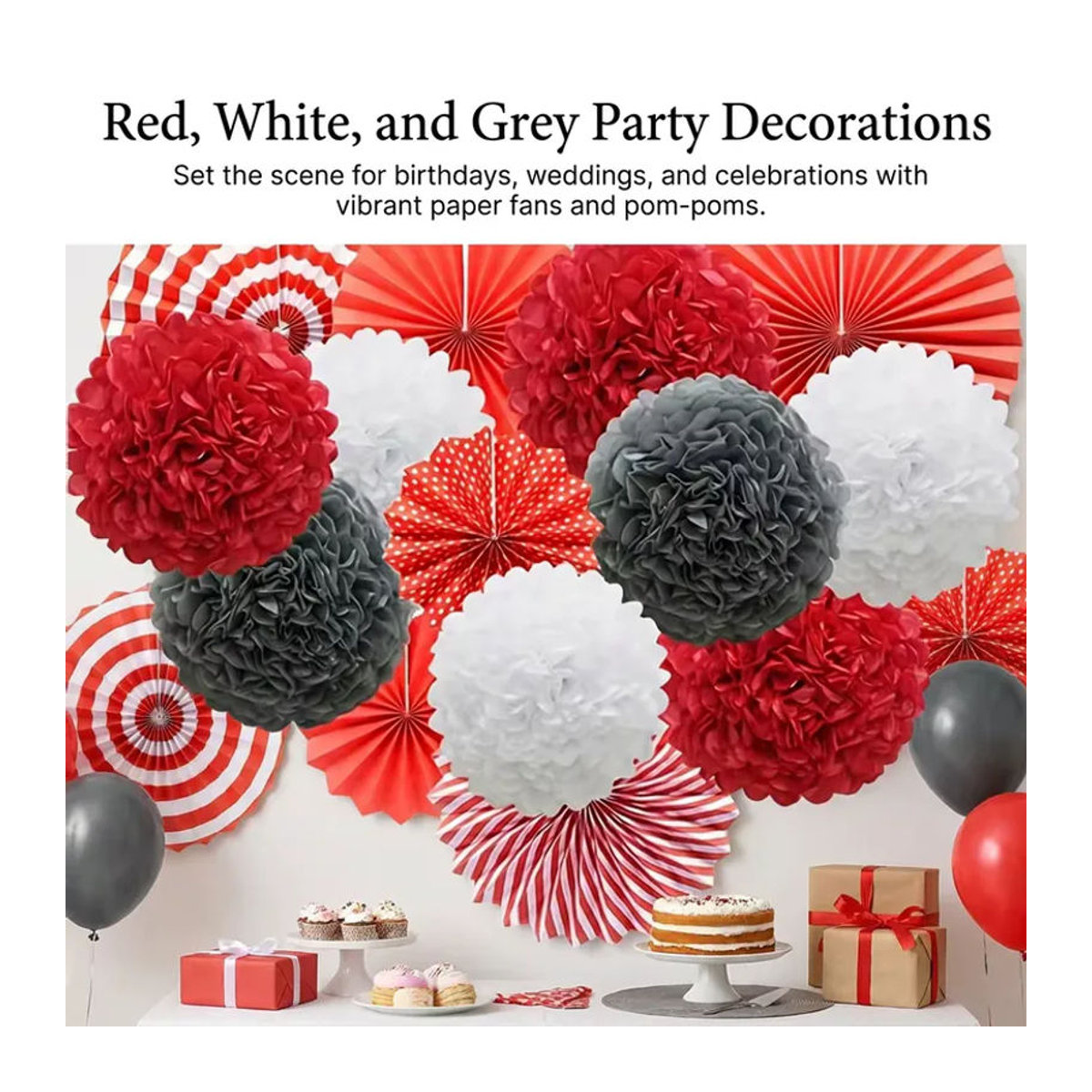 ACRDDK Dekorationsset aus Papier mit Blumen, Fächern und Kugeln in Schwarz, Weiß und Mehrfarbig für Hochzeit, Geburtstag und Partys - Bild 4
