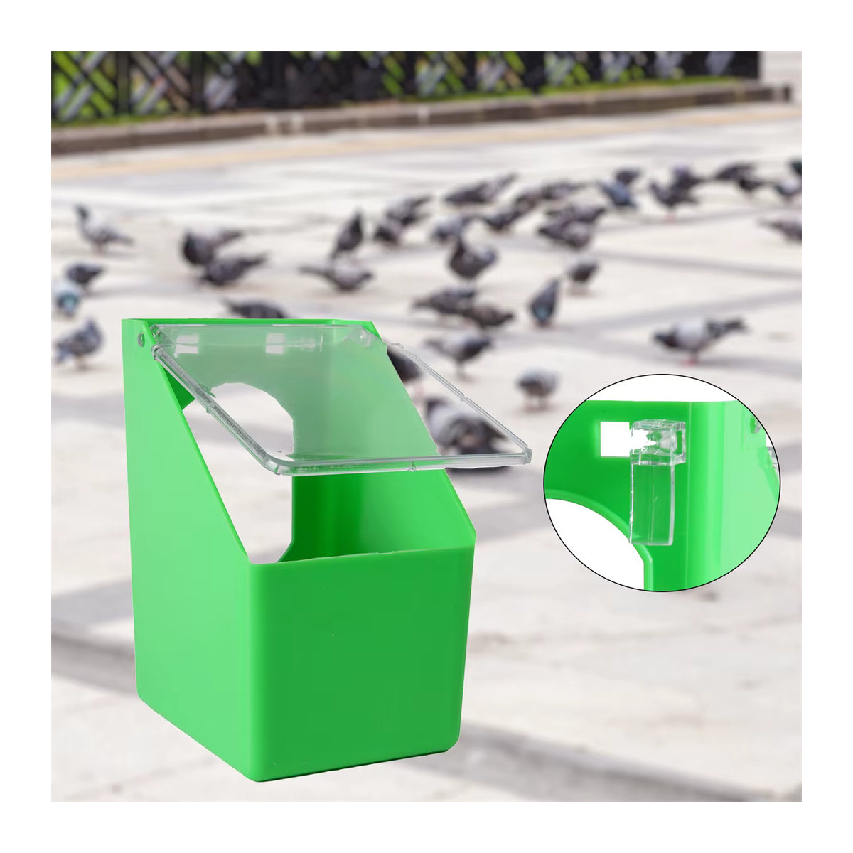 Adhere To Fly Tauben-Mehrzweckkäfig zum Aufhängen als auslaufsichere Futterbox mit Deckel in Grün - Bild 3