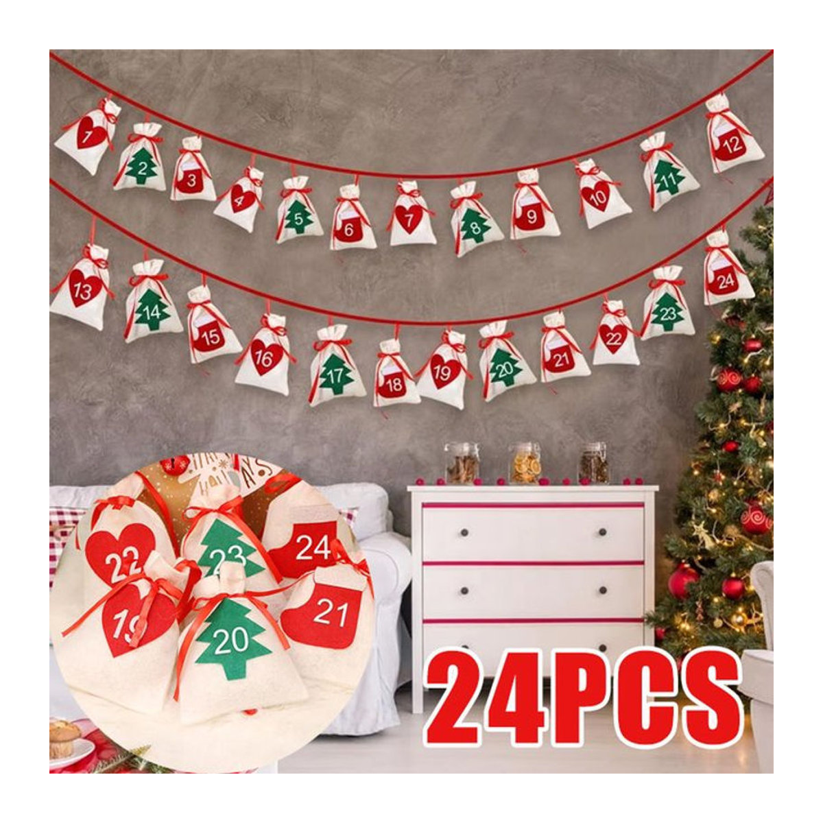 Adventskalender aus Filz mit 24 Taschen in Weiß als hängende Weihnachtsdekoration - Bild 1