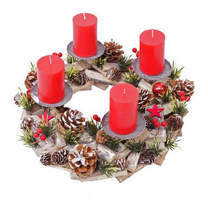 Adventskranz MCW-H50 aus Holz in Braun mit 4 roten Stumpenkerzen, Durchmesser: 33 cm