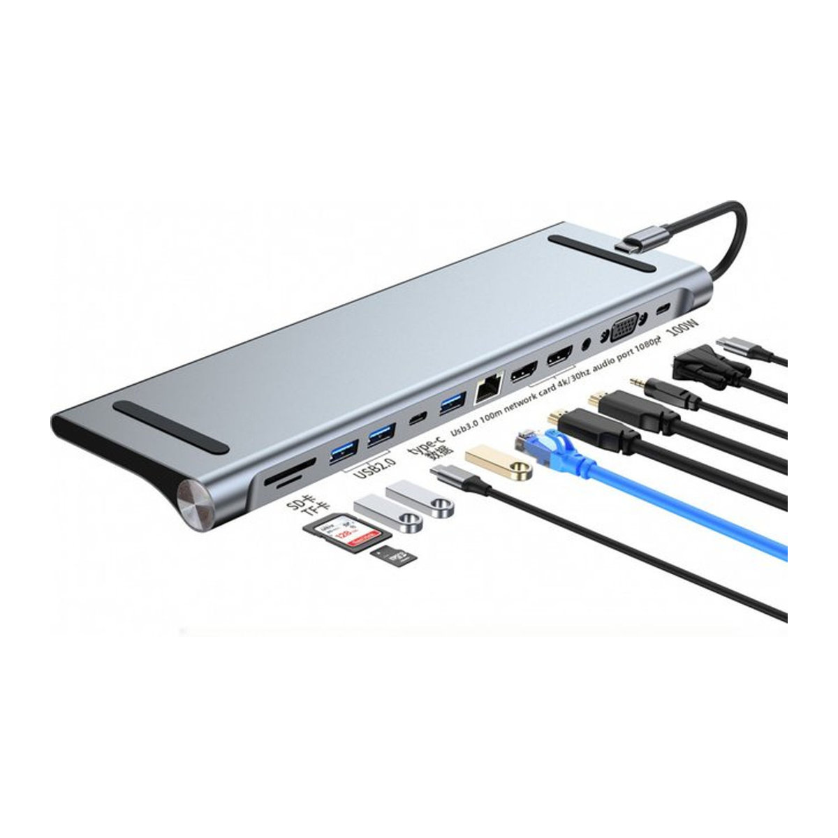 AEVYVKV 12-in-1 Docking Station Laptop Stand mit Audio, USB Typ-C, 4K HDMI, 100W PD und SD/TF Slot in Silber - Bild 1