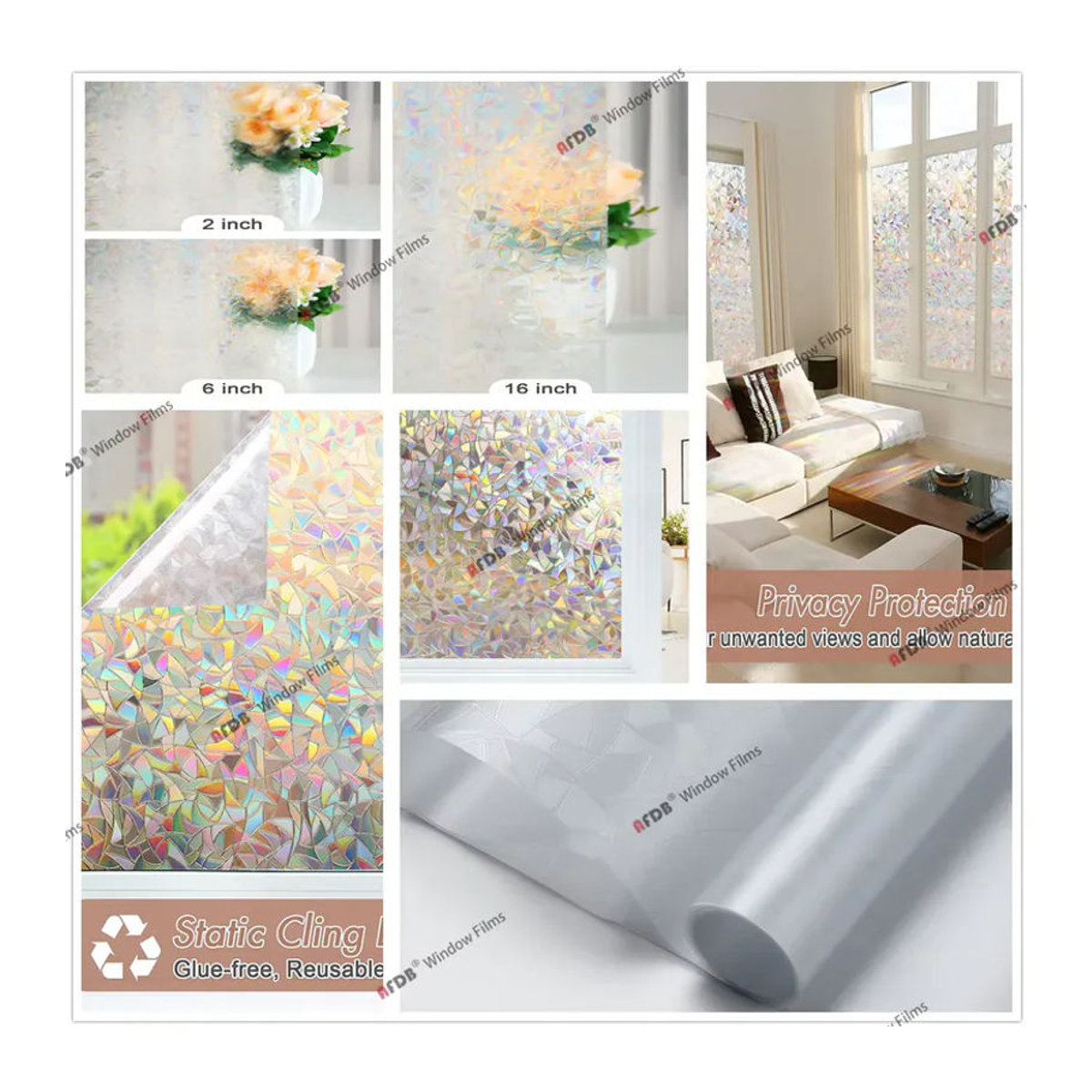 AFDB 3D-Regenbogen-Fensterfolie in Mehrfarbig mit geometrischem Design, Sichtschutz und UV-Schutz, statisch haftend und wärmeregulierend - Bild 3