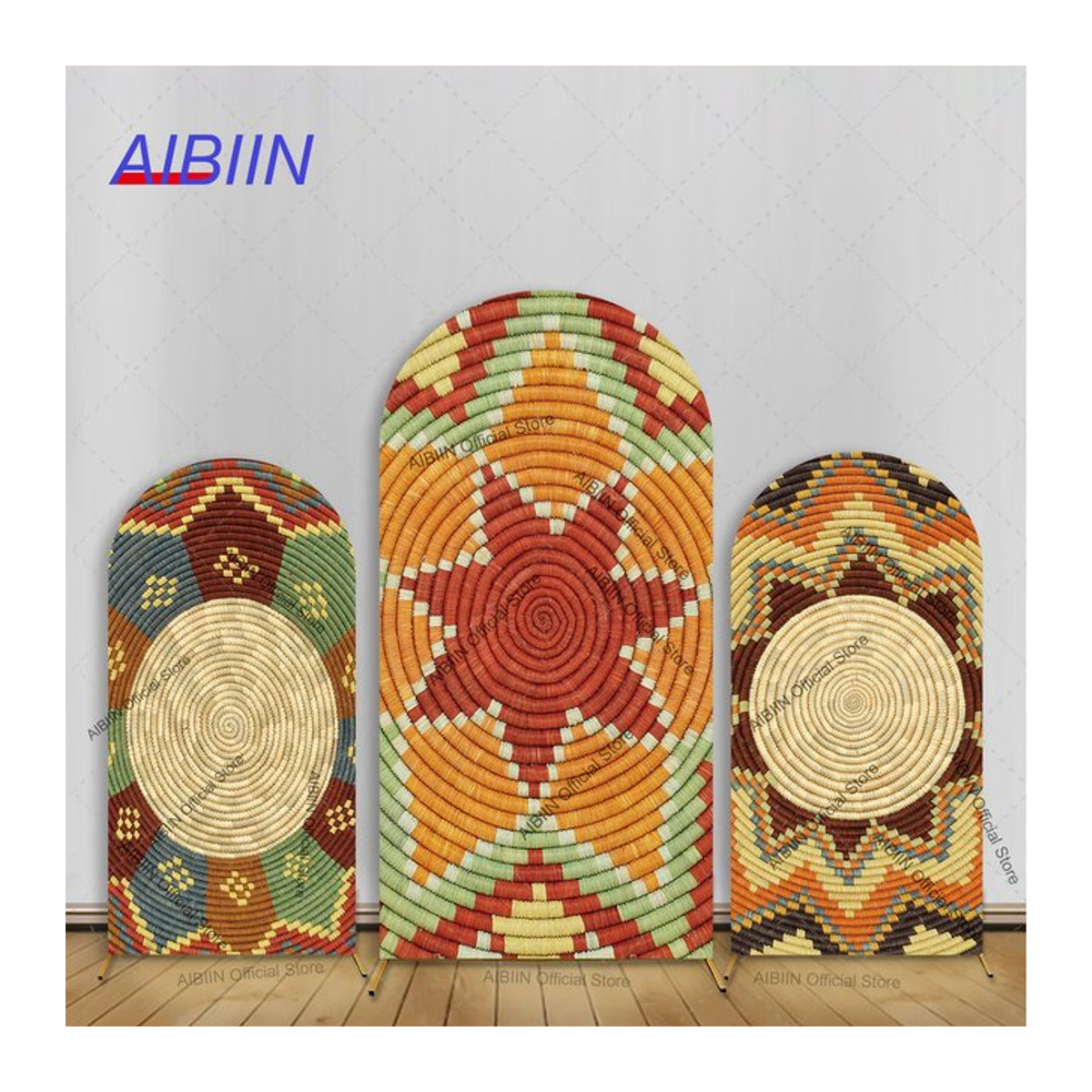 AIBIIN Boho Rattan Bogen Hintergrundabdeckung mit äthiopischem Korbmuster und Blumensternen in Mehrfarbig, B/H/T: 120 x 240 x 50 cm - Bild 1