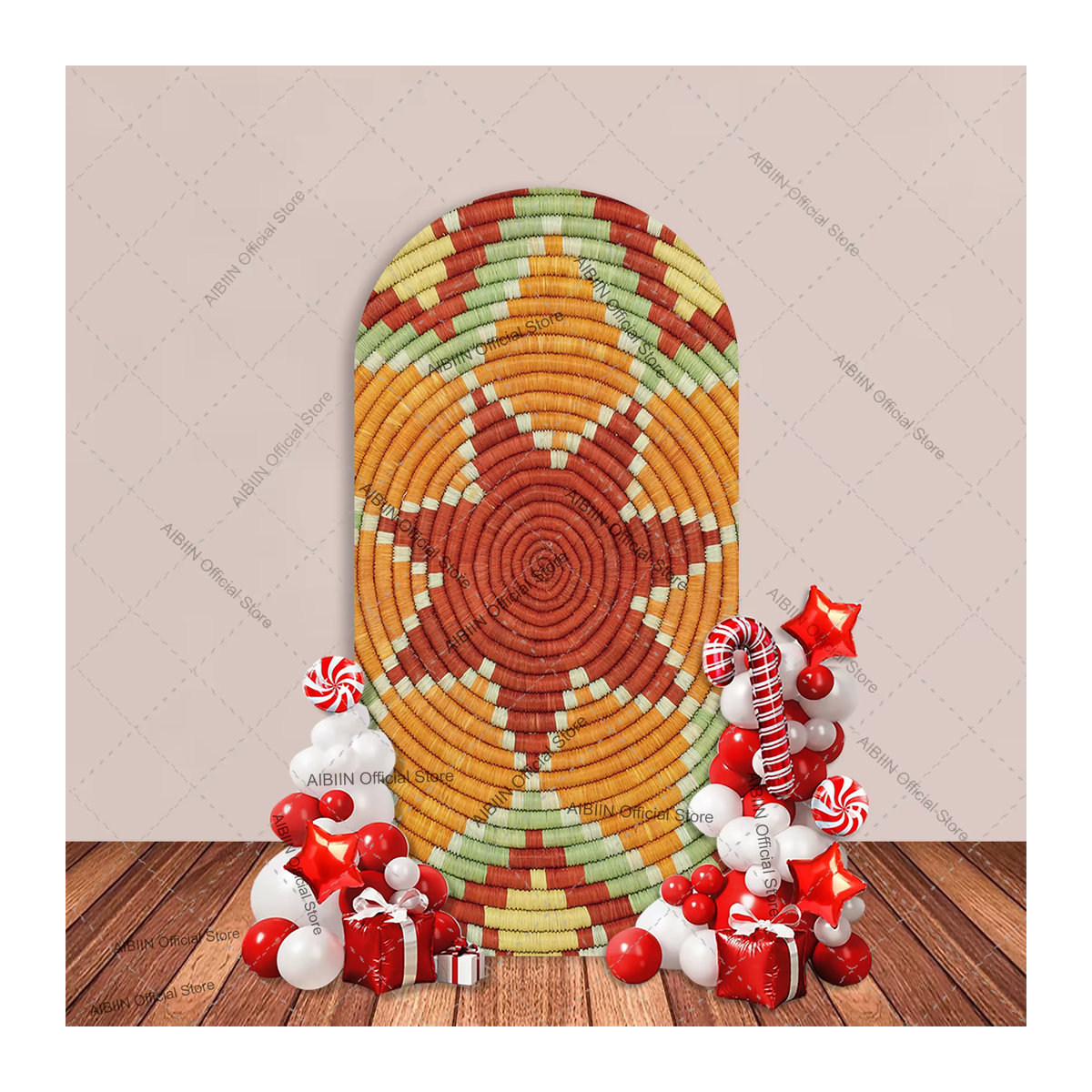 AIBIIN Boho Rattan Bogen Hintergrundabdeckung mit äthiopischem Korbmuster und Blumensternen in Mehrfarbig, B/H/T: 120 x 240 x 50 cm - Bild 2