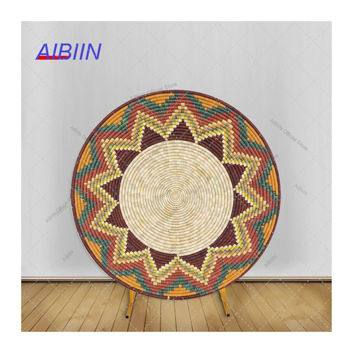AIBIIN Runder Fotohintergrund im Bohemian-Stil mit traditionellem äthiopischem Korbmuster und floralem Design, Mehrfarbig - Bild 1