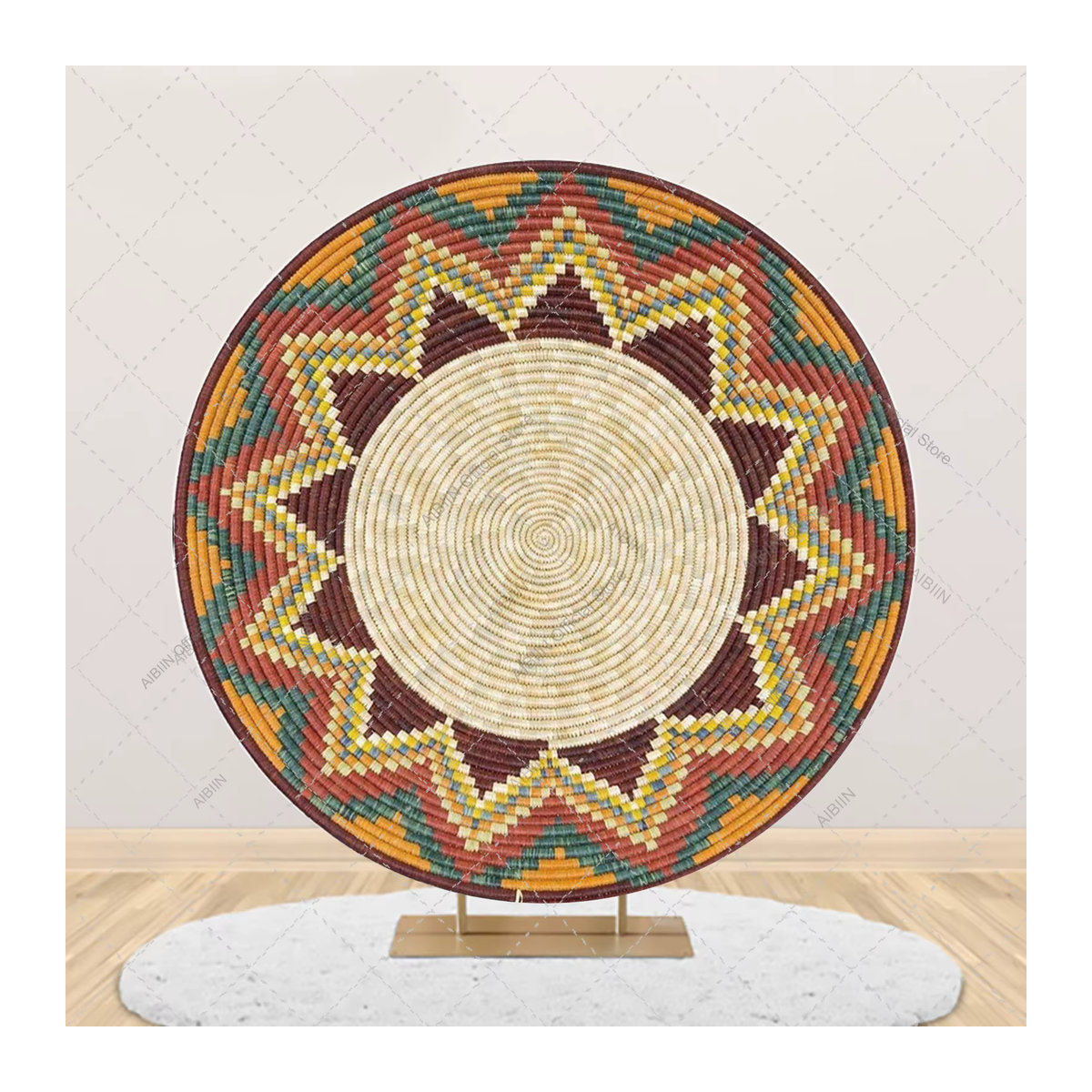 AIBIIN Runder Fotohintergrund im Bohemian-Stil mit traditionellem äthiopischem Korbmuster und floralem Design, Mehrfarbig - Bild 2