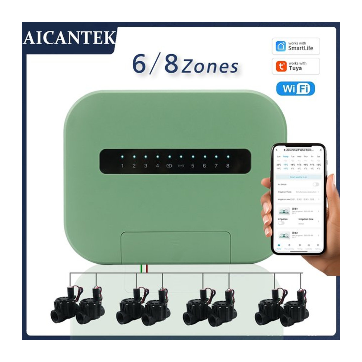 AICANTEK Smart Gartenbewässerungstimer mit 6 Stationen, Wifi Tuya und Smartlife App-Steuerung, 8 Zonen Sprinkler- und Tropfbewässerungssteuerung, Grün - Bild 1