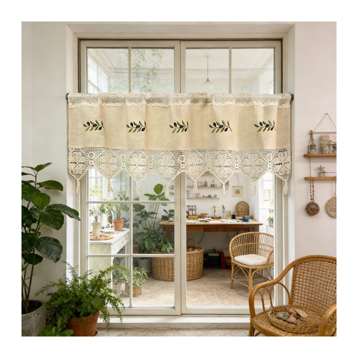 AiFish Retro Kurzvorhang mit Blättern und Spitzenbesatz in Olivgrün und Beige für kleine Fenster, Küche oder Schrank - Bild 1
