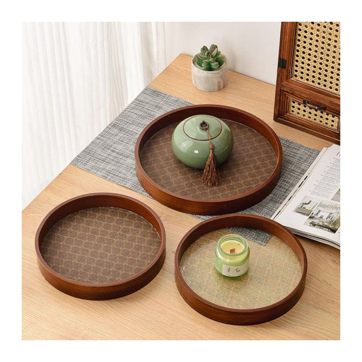 Aihogard Runde Vintage-Servierplatte aus Holz und Glas in Braun - Bild 1