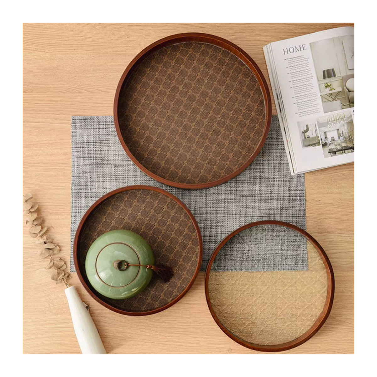 Aihogard Runde Vintage-Servierplatte aus Holz und Glas in Braun - Bild 3