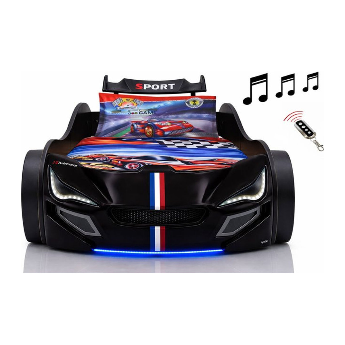 Aileenstore Autobett für Kinder in Schwarz mit LED Unterbodenbeleuchtung, Sound und Fernbedienung, B/H/L: 90 x 440,3 x 200 cm - Bild 1