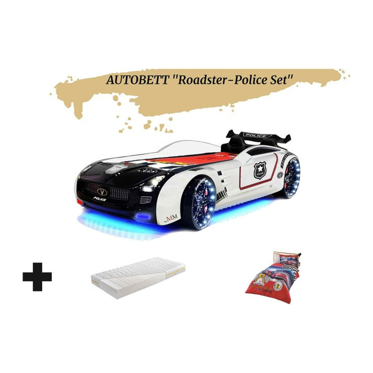 Aileenstore Autobett Kinderbett Roadster Police mit LED, Sound, Sportsitzen und Spoiler in Schwarz/Weiß, B/H: 90 x 190 cm - Bild 1