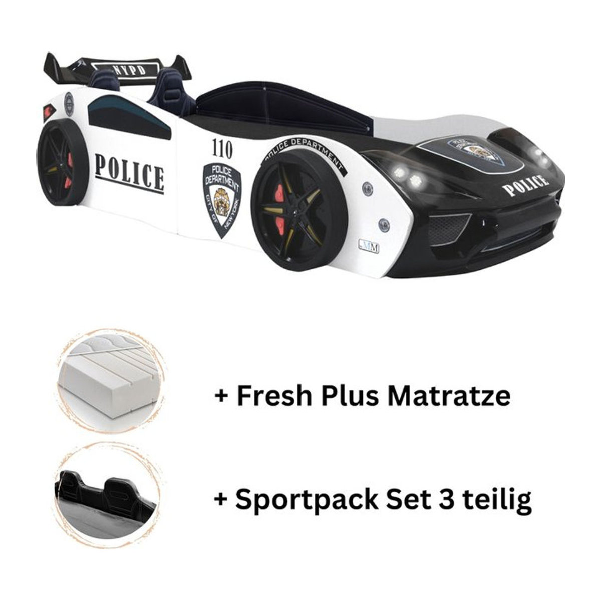 Aileenstore Autobett Police mit Sportsitzen und Fresh Plus Matratze für Kinder, Schwarz/Weiß, B/T/H: 90 x 200 cm inkl. Lattenrost - Bild 1