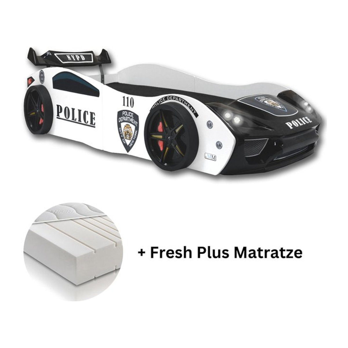 Aileenstore Kinderbett Autobett Police in Schwarz/Weiß mit Lattenrost und Fresh Plus Matratze, B: 90 cm, L: 200 cm - Bild 1
