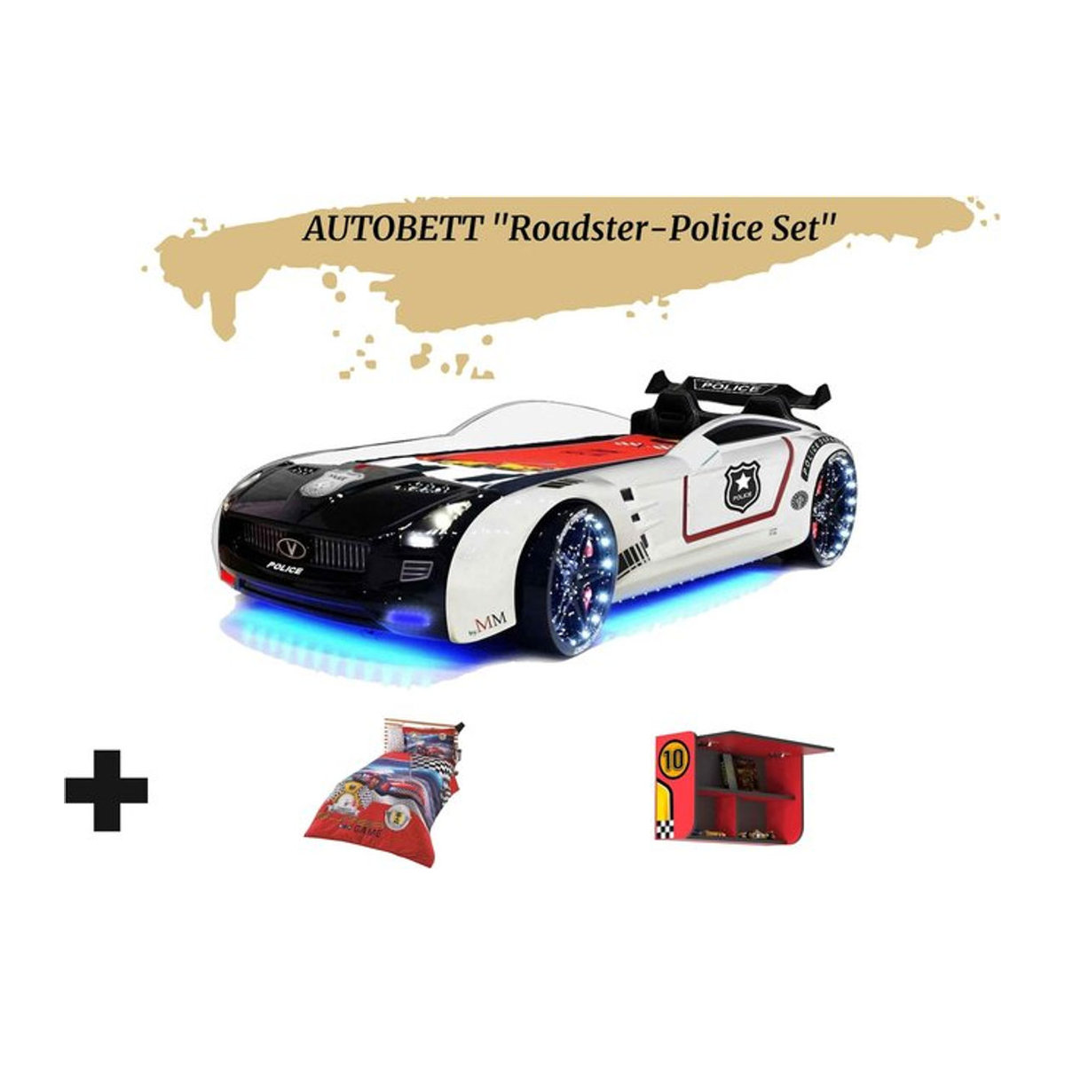 Aileenstore Kinderbett Autobett Roadster Police mit LED, Sound, Sportsitzen und Spoiler in Schwarz/Weiß und Bunt, B/T: 90 x 190 cm - Bild 1