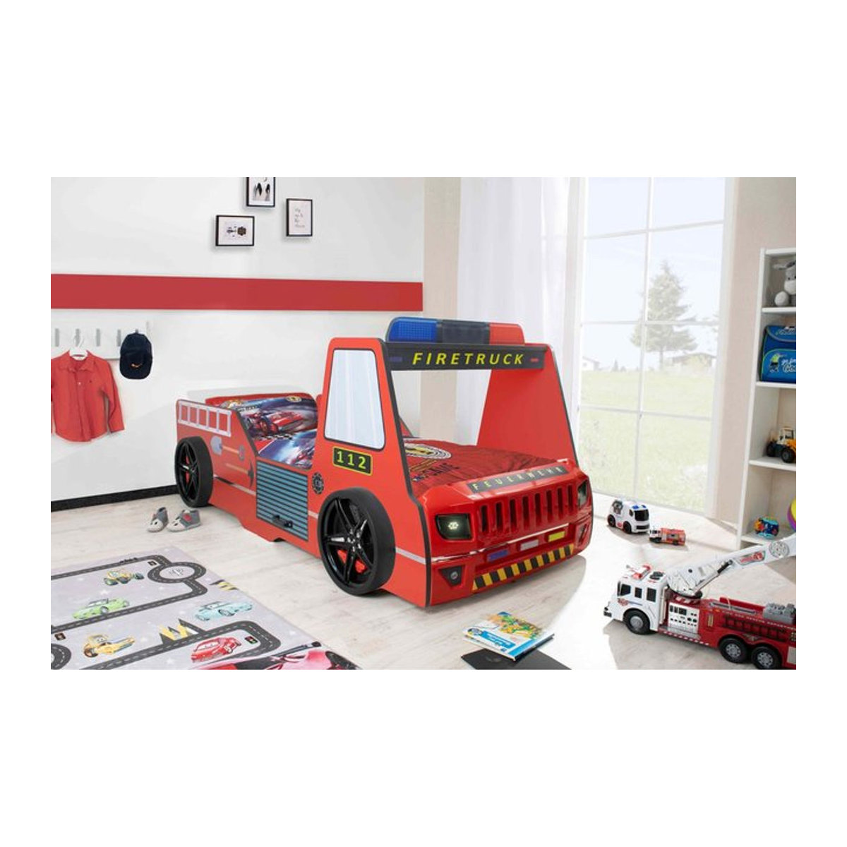 Aileenstore Kinderbett Rio Firetruck Autobett in Rot mit LED-Licht und Sirenenoptik B/T/H: 90 x 200 cm - Bild 1