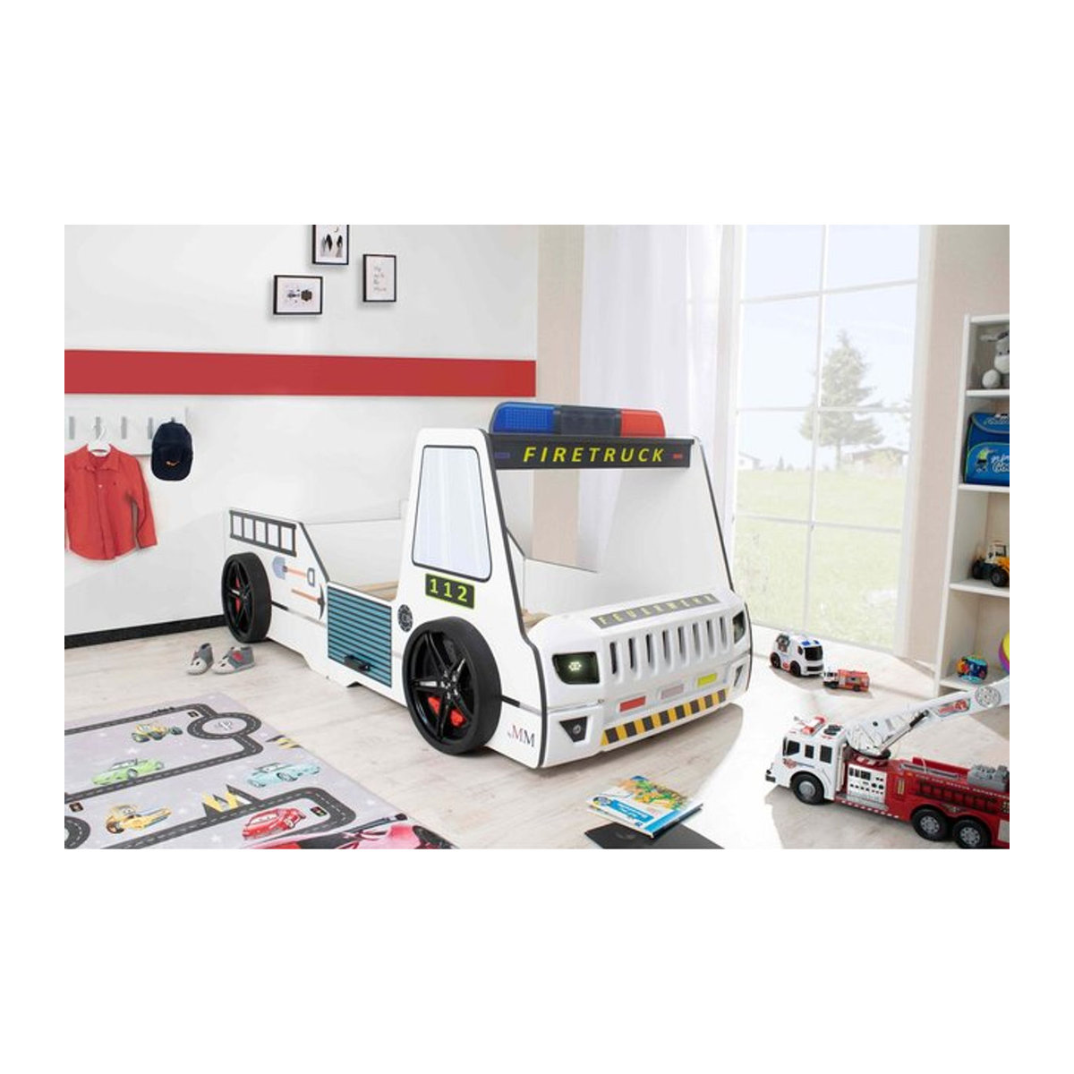 Aileenstore Kinderbett Rio Firetruck Autobett in Weiß mit LED-Licht und Sirenenoptik, Breite: 90 cm, Länge: 200 cm - Bild 1