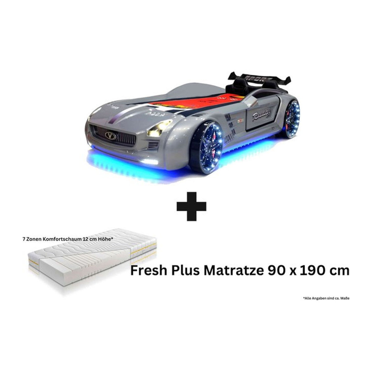 Aileenstore Kinderbett Rio Roadster Autobett mit LED, Sound, Sportsitzen und Spoiler in Silber und Grau, B/H: 90 x 190 cm - Bild 1