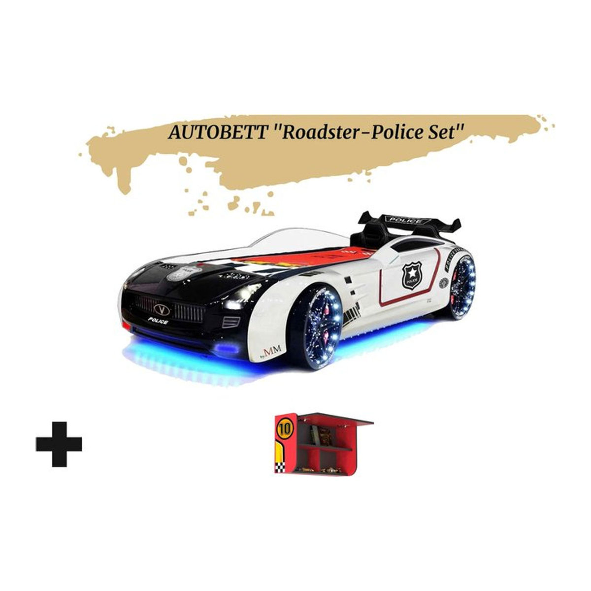 Aileenstore Kinderbett Roadster Police Autobett mit LED, Sound, Sportsitzen und Spoiler in Schwarz/Weiß, B/H: 90 x 190 cm - Bild 1