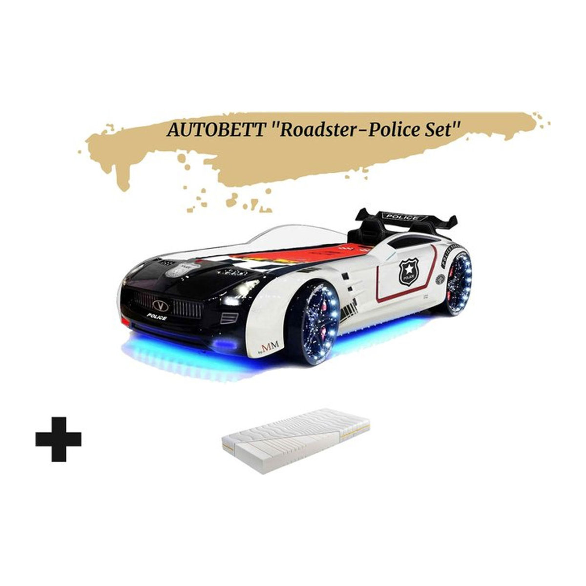 Aileenstore Kinderbett Roadster Police Autobett mit LED, Sound, Sportsitzen und Spoiler in Schwarz/Weiß, B/H: 90 x 190 cm - Bild 1