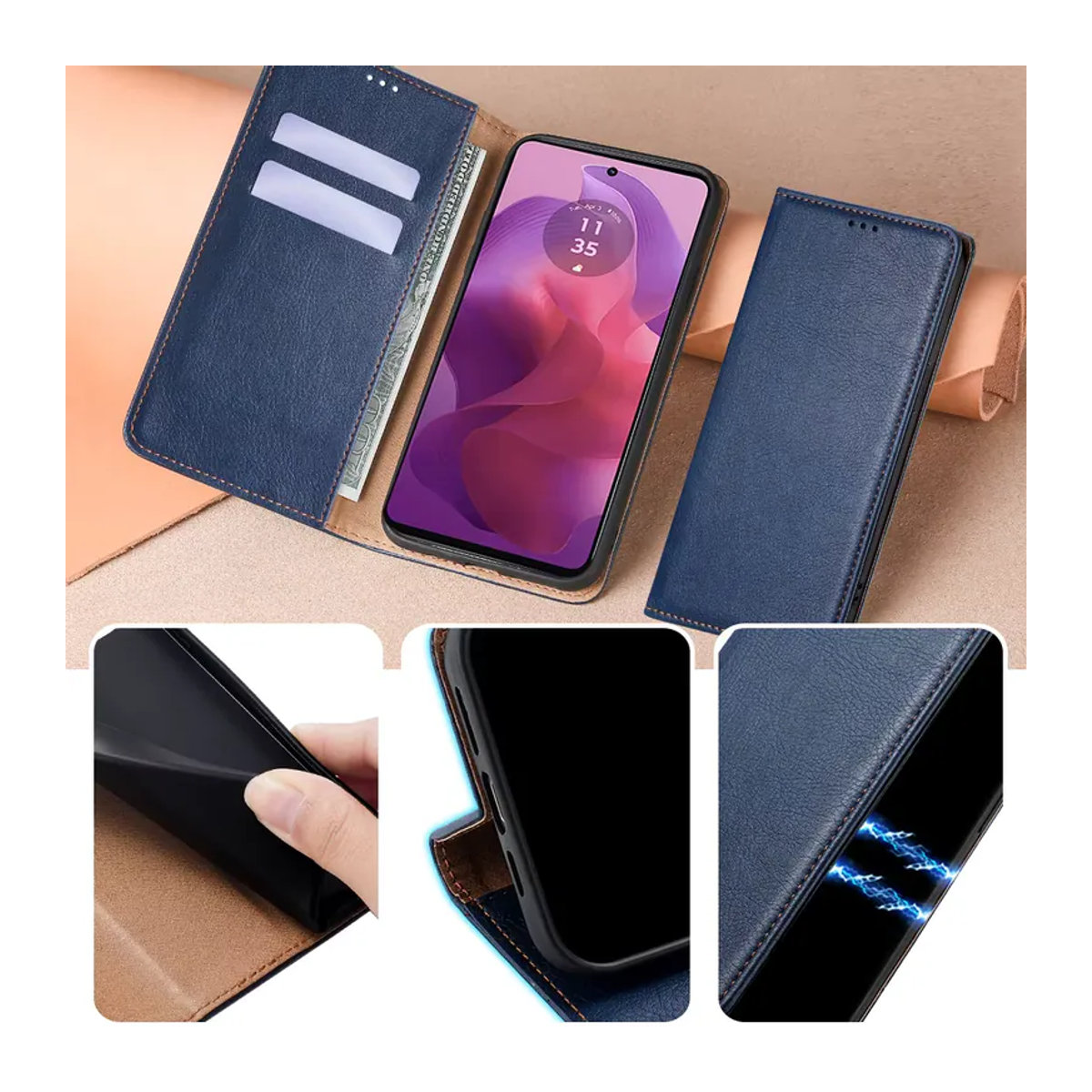 AIMONCASE Leder-Flip-Handyhülle mit Magnetfunktion für Motorola G34 G84 G54 G24 G14 G04 G Stylus 2024 5G Brieftaschenhülle in Schwarz oder Blau - Bild 2