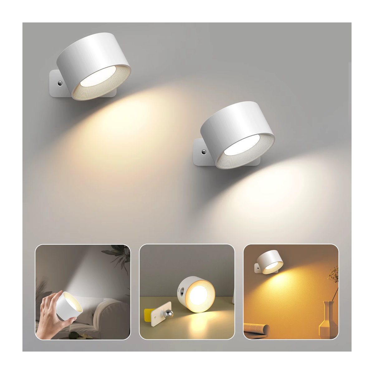 Aiopp LED Wandleuchte Weiß mit magnetischer Befestigung und wiederaufladbarem Akku via USB, minimalistisches Design im 2er-Set - Bild 2