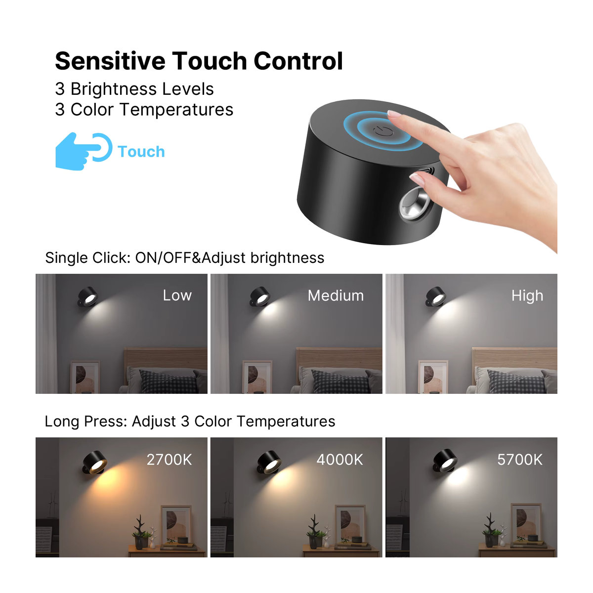 Aiopp LED Wandleuchte Weiß mit magnetischer Befestigung und wiederaufladbarem Akku via USB, minimalistisches Design im 2er-Set - Bild 4