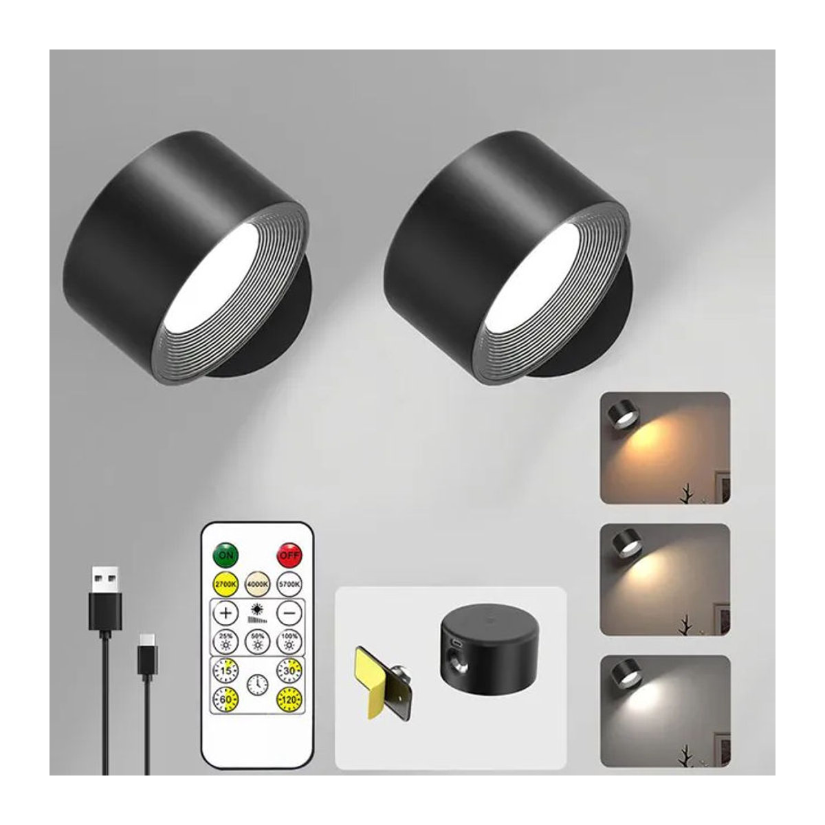 Aiopp LED Wandleuchten mit Fernbedienung, dimmbar und wiederaufladbar, 3 Farbtemperaturen, magnetisch und 360 Grad rotierbar, Schwarz, Minimalistisch - Bild 1