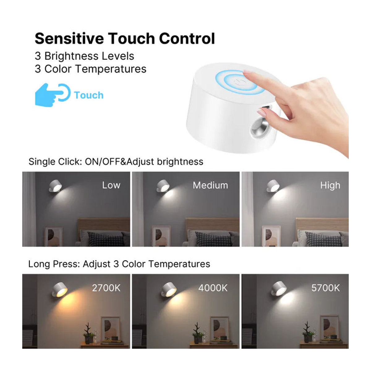 Aiopp LED Wandleuchten mit Fernbedienung, dimmbar und wiederaufladbar, 3 Farbtemperaturen, magnetisch und 360 Grad rotierbar, Schwarz, Minimalistisch - Bild 2
