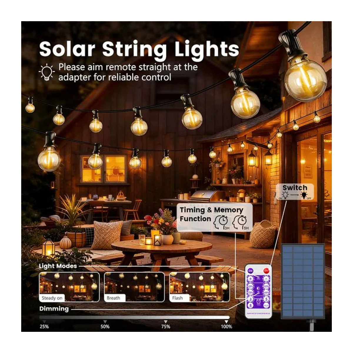 Aiopp Solar-Lichterkette Schwarz mit 30 G40-Glühbirnen, 12 m Länge, dimmbar mit 8 Modi, Fernbedienung und Timer für Garten und Party - Bild 1