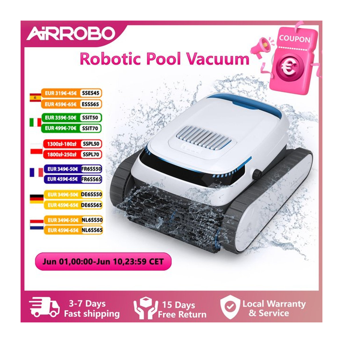 AIRROBO PC10 Roboter-Poolreiniger in Blau-Weiß mit 45.000Pa starker Saugkraft für Wände und Böden bis 185 m² - Bild 1