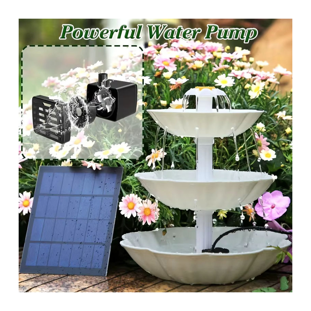 AISITIN Solar Vogelbad Brunnen mit Kaskadenfunktion, 3-lagiges DIY Vogelhäuschen in Creme und Beige aus Kunststoff - Bild 1