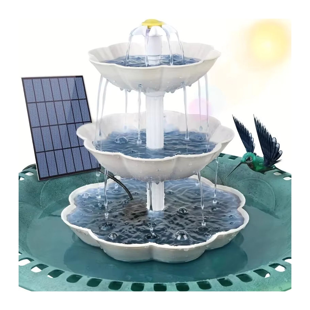 AISITIN Solar Vogelbad Brunnen mit Kaskadenfunktion, 3-lagiges DIY Vogelhäuschen in Creme und Beige aus Kunststoff - Bild 3