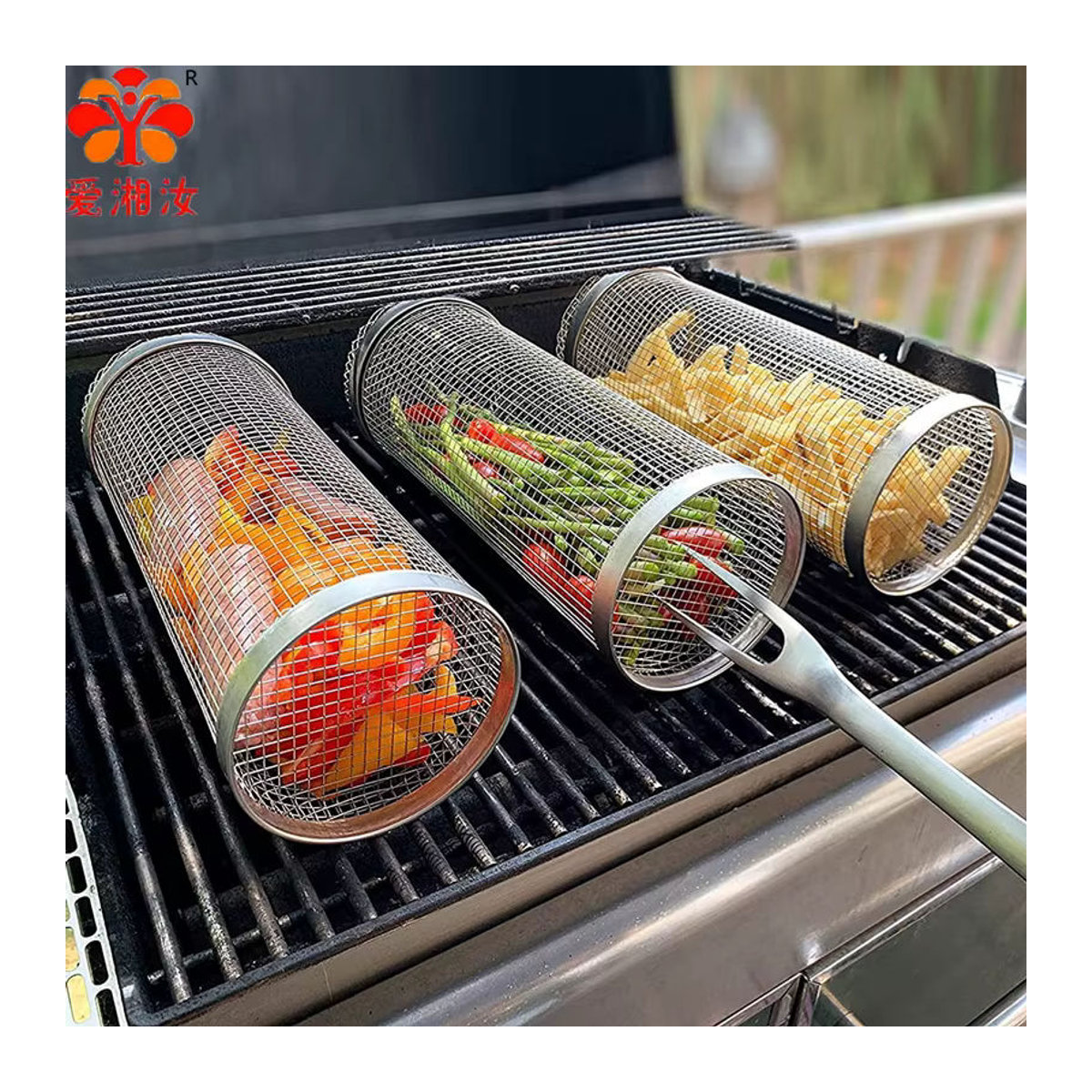 Aixiangru Rollbarer Grillkorb aus Edelstahl als rundes Barbecue-Grillnetz für den Outdoor-Reise-Grill - Bild 2