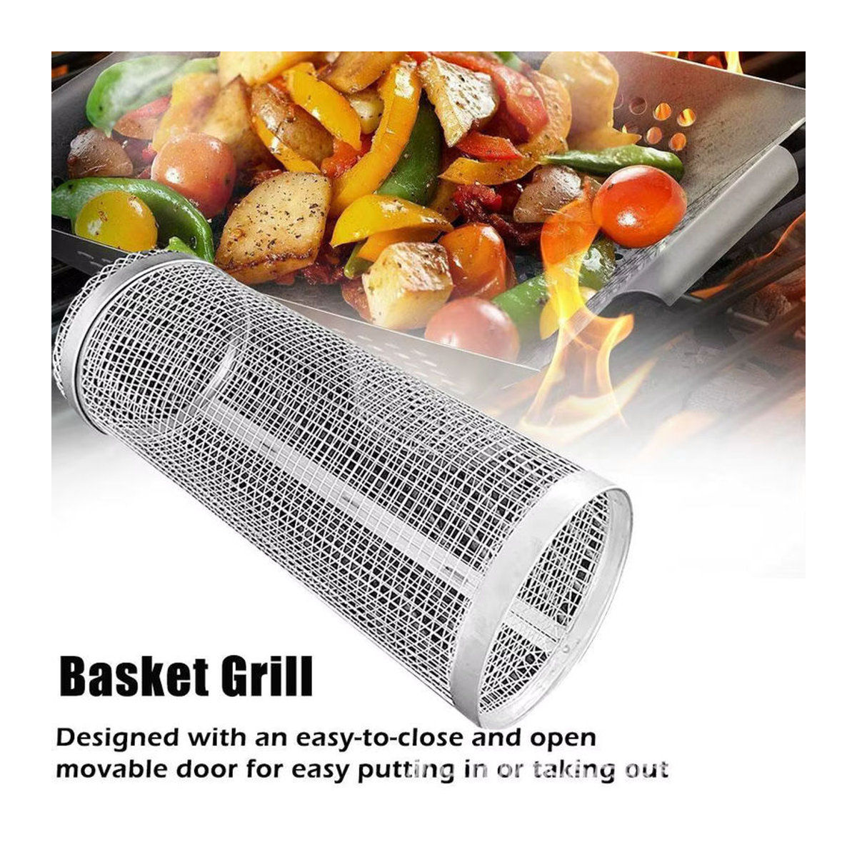 Aixiangru Rollbarer Grillkorb aus Edelstahl als rundes Barbecue-Grillnetz für den Outdoor-Reise-Grill - Bild 5