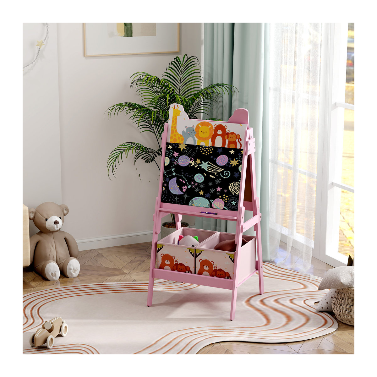 AIYAPLAY 2-in-1 Kindertafel mit doppelseitiger Staffelei, Kreidetafel und Whiteboard inklusive Aufbewahrungsboxen, Rosa, B/H/T: 49 x 113 x 53,5 cm - Bild 2