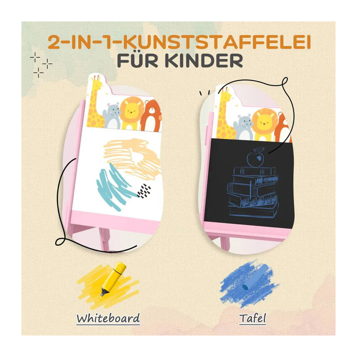 AIYAPLAY 2-in-1 Kindertafel mit doppelseitiger Staffelei, Kreidetafel und Whiteboard inklusive Aufbewahrungsboxen, Rosa, B/H/T: 49 x 113 x 53,5 cm - Bild 3