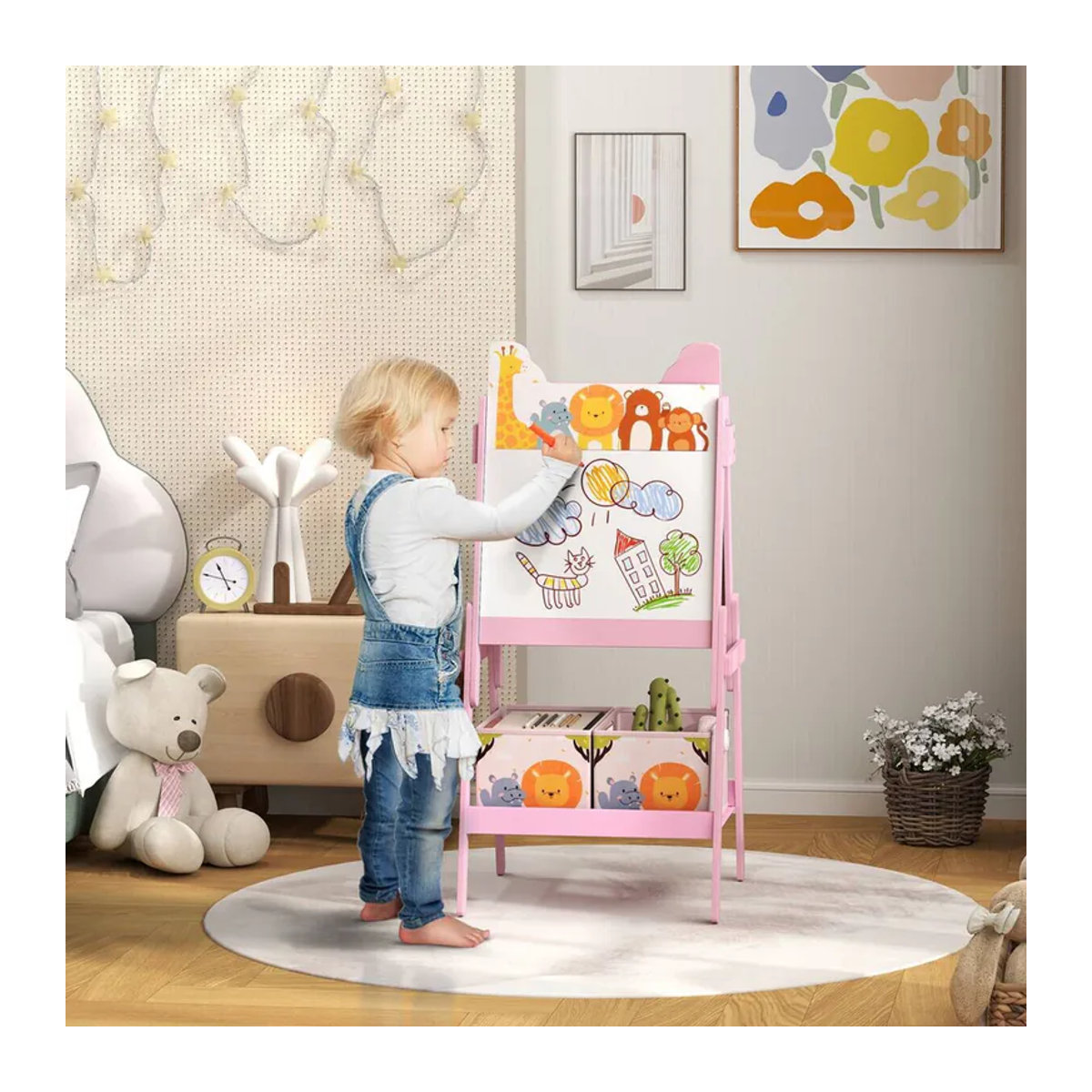 AIYAPLAY 2-in-1 Kindertafel mit doppelseitiger Staffelei, Kreidetafel und Whiteboard inklusive Aufbewahrungsboxen, Rosa, B/H/T: 49 x 113 x 53,5 cm - Bild 4