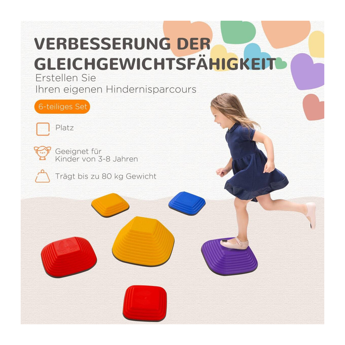 AIYAPLAY Flusssteine Balanciersteine 6-teilig in Quadratischform, mehrfarbig, stapelbar und rutschfest, B/H/L: 34,3 x 5,5 x 34,3 cm - Bild 2