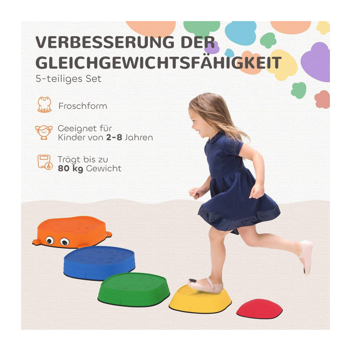 AIYAPLAY Flusssteine Balanciersteine in Froschform, 5-tlg. Stapelsteine für Kinder, mehrfarbig, B/H/L: 33,5 x 28 x 33,5 cm - Bild 3