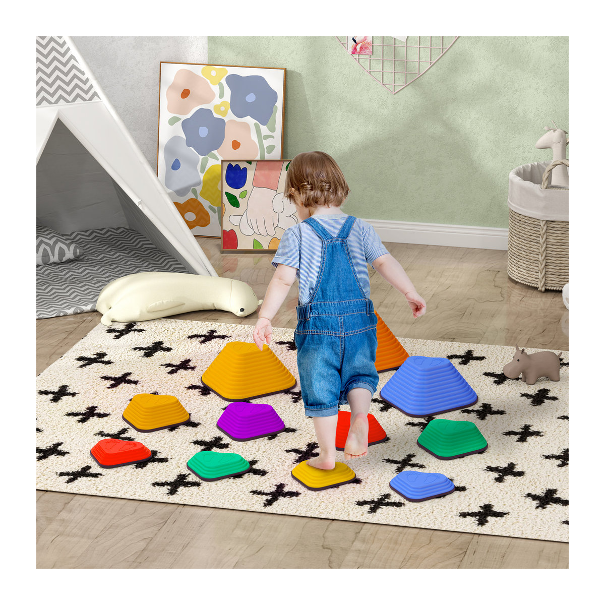 AIYAPLAY Flusssteine Balanciersteine in Herzform, 11-teiliges Set aus Kunststoff, bunt, B/H/L: 39 x 42 x 20 cm - Bild 2