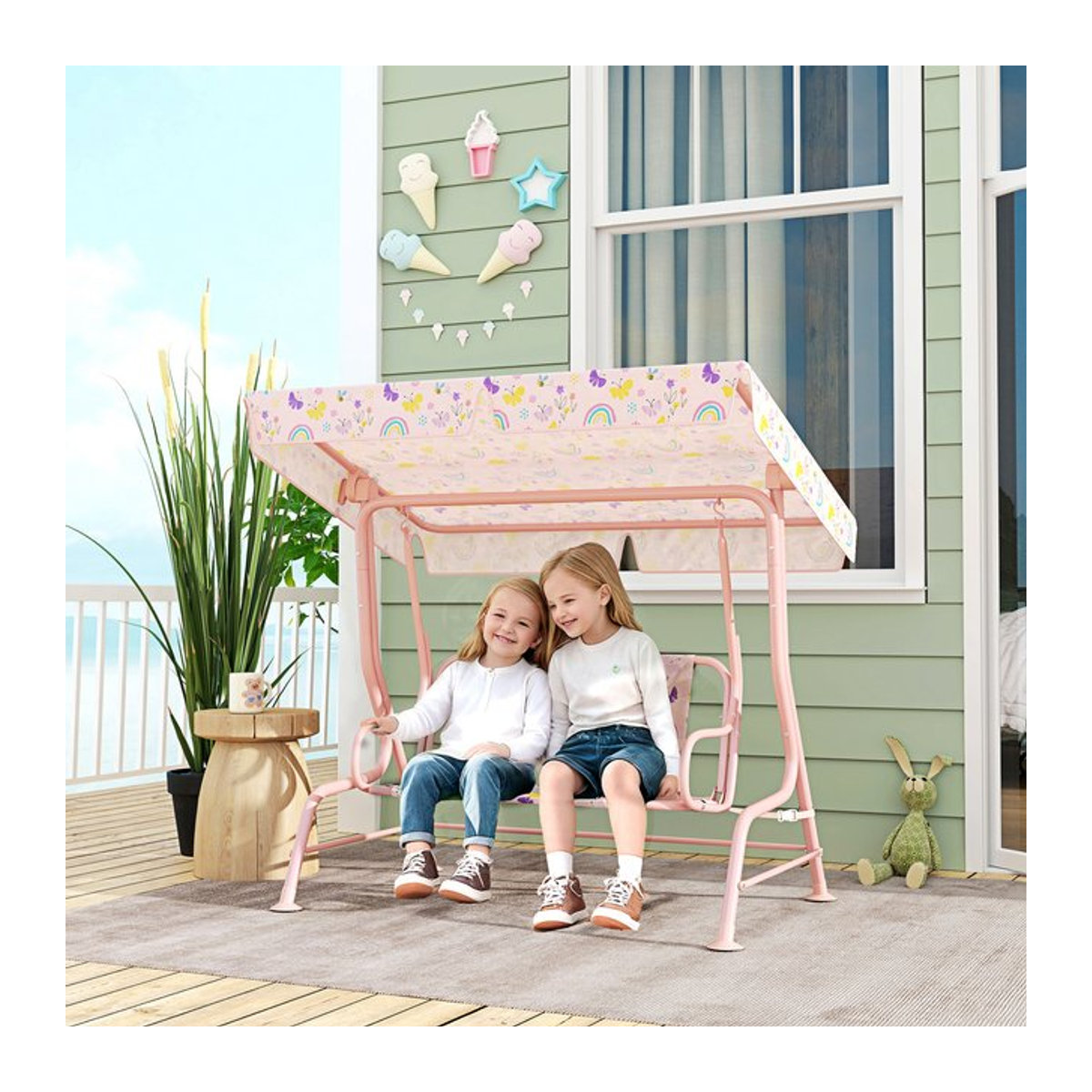 AIYAPLAY Kinder Hollywoodschaukel 2-Sitzer in Pink mit verstellbarem Sonnendach und Metallgestell - Bild 1