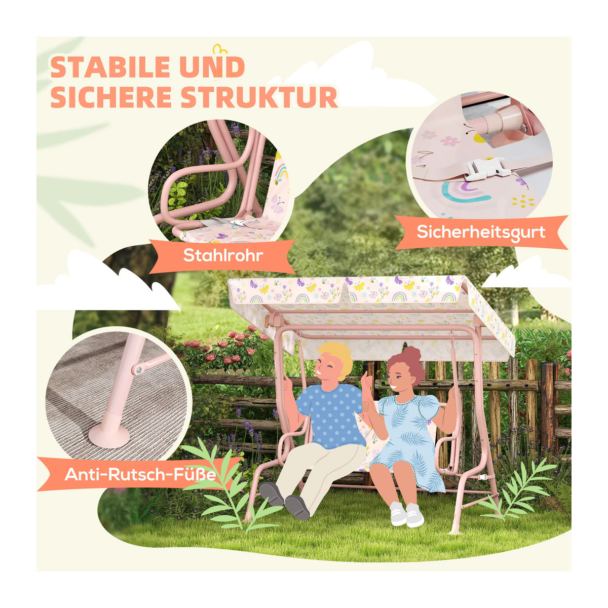 AIYAPLAY Kinder Hollywoodschaukel 2-Sitzer in Pink mit verstellbarem Sonnendach und Metallgestell - Bild 3