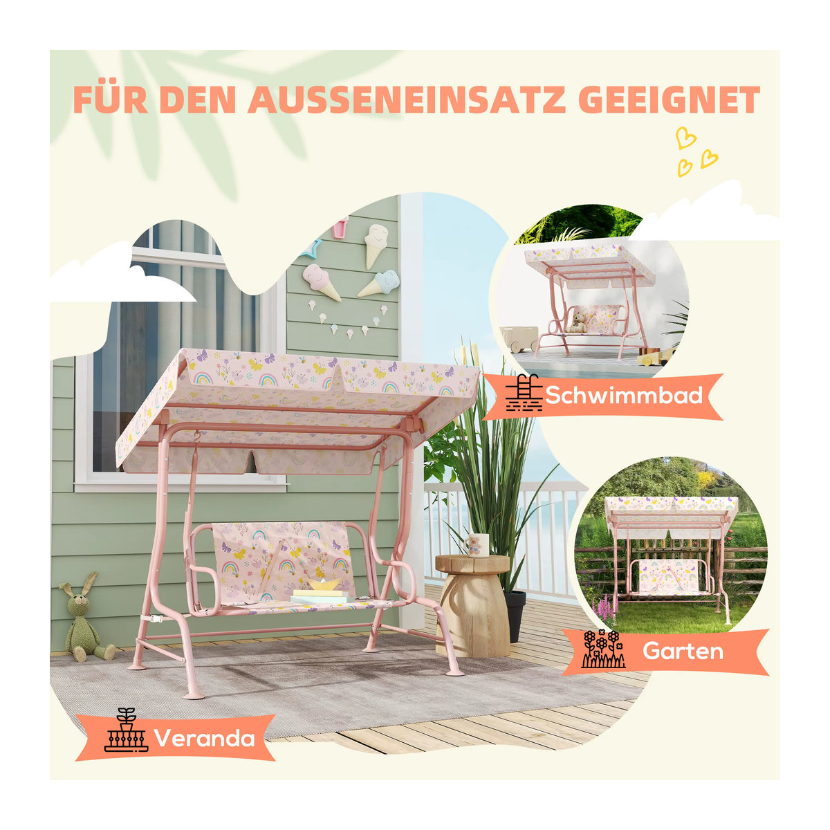 AIYAPLAY Kinder Hollywoodschaukel 2-Sitzer in Pink mit verstellbarem Sonnendach und Metallgestell - Bild 4
