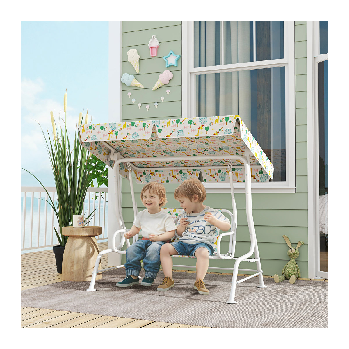 AIYAPLAY Kinder Hollywoodschaukel 2-Sitzer mit verstellbarem Sonnendach und Sicherheitsgurt, Weiß, B: 74 cm, T: 110 cm, H: 113 cm - Bild 2