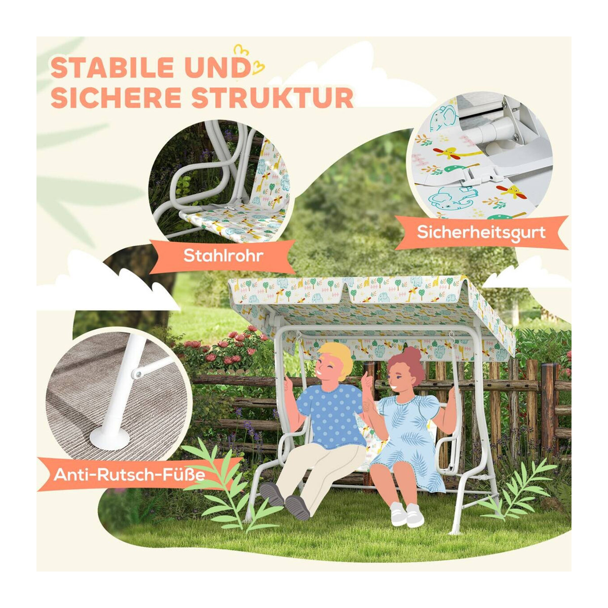 AIYAPLAY Kinder Hollywoodschaukel 2-Sitzer mit verstellbarem Sonnendach und Sicherheitsgurt, Weiß, B: 74 cm, T: 110 cm, H: 113 cm - Bild 3
