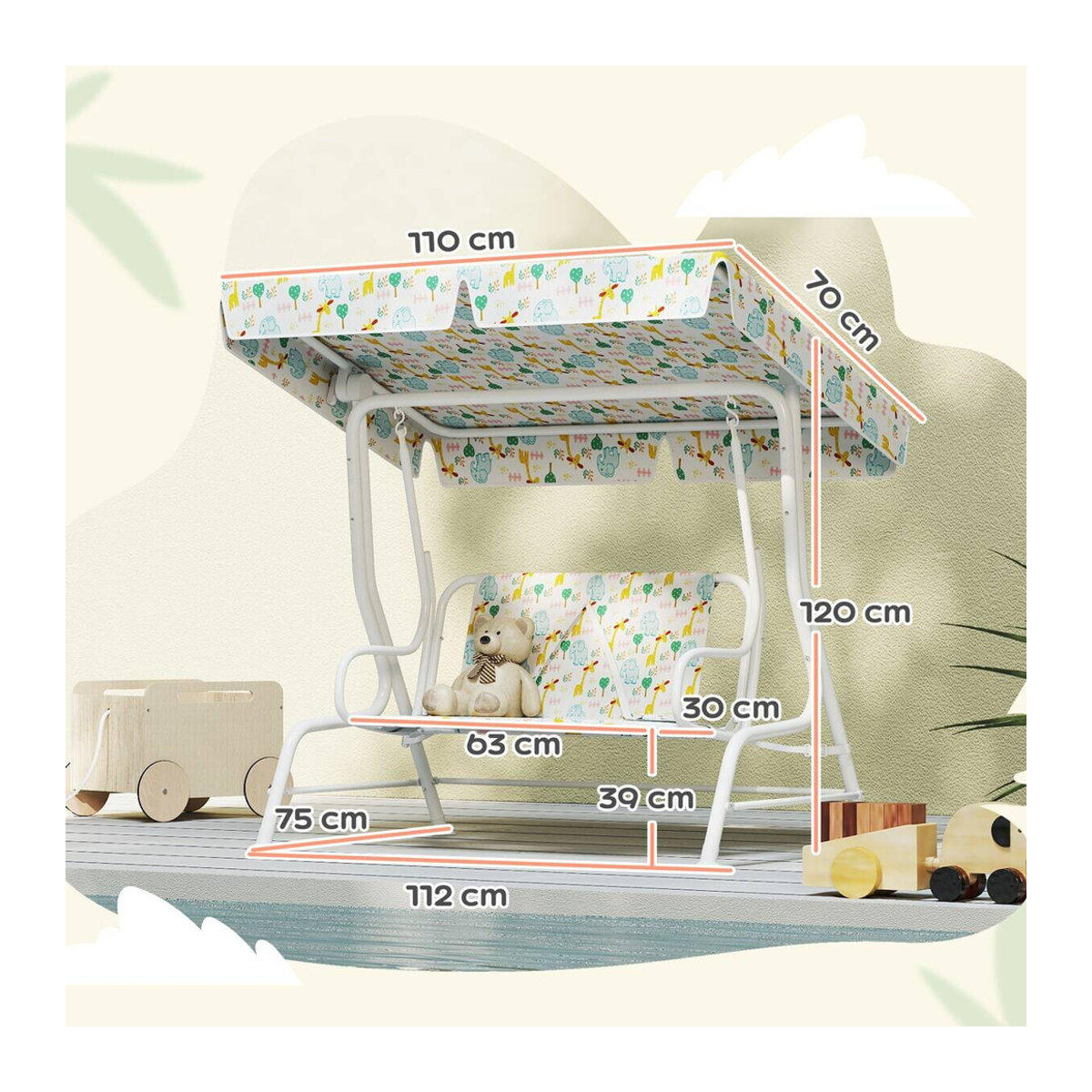 AIYAPLAY Kinder Hollywoodschaukel 2-Sitzer mit verstellbarem Sonnendach und Sicherheitsgurt, Weiß, B: 74 cm, T: 110 cm, H: 113 cm - Bild 4