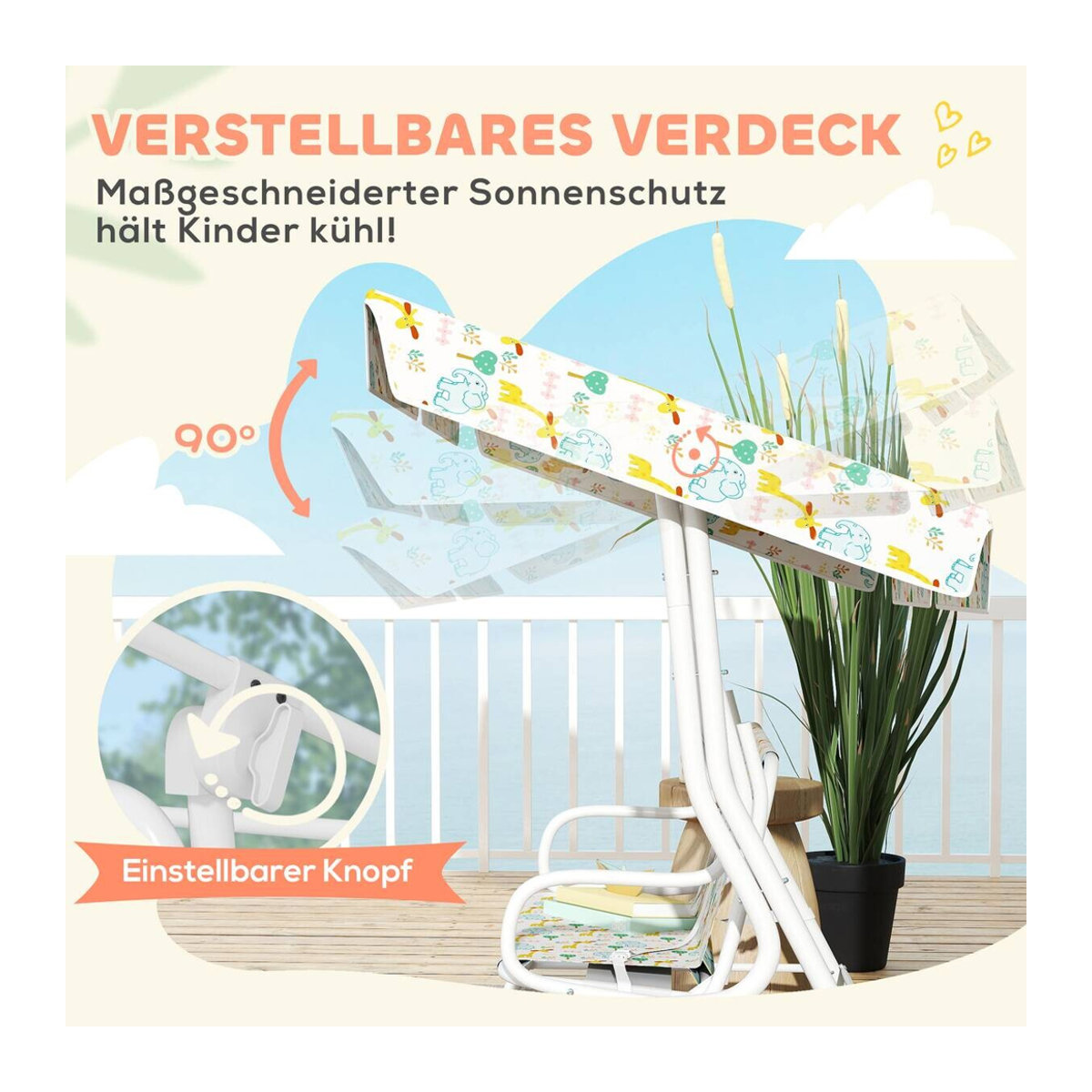 AIYAPLAY Kinder Hollywoodschaukel 2-Sitzer mit verstellbarem Sonnendach und Sicherheitsgurt, Weiß, B: 74 cm, T: 110 cm, H: 113 cm - Bild 5